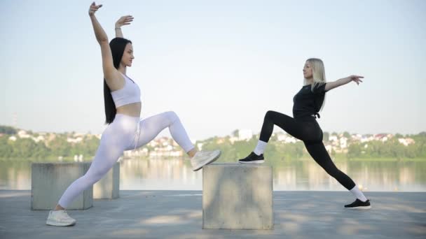 Şehir Parkında Aerobik Yapan Genç Kadınlar Sabah Sporu Eğitimi — Stok video