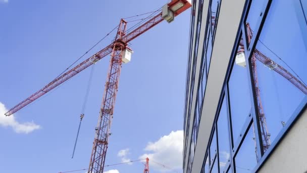 Construction Site Busy Cranes Clear Blue Sky Construction Work Overhead — стоковое видео