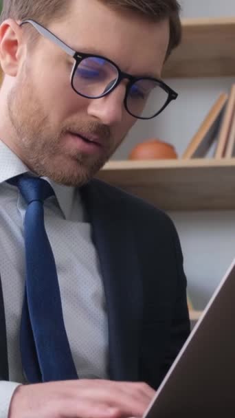 Young Successful Businessman Formal Business Suite Beard Sitting Sofa Laptop — стоковое видео