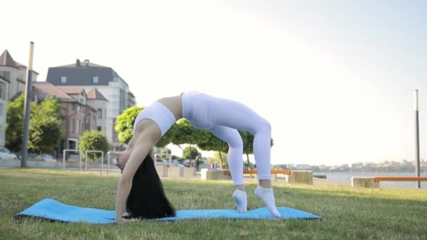 Ung Brunett Kvinna Gör Yoga Parken Gör Pvright Bridge Hälsa — Stockvideo