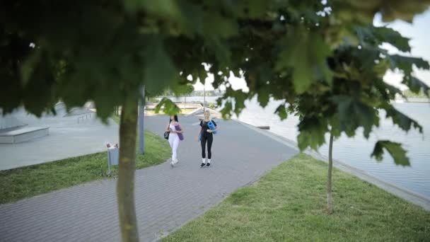 Wanita Muda Atletik Dalam Pakaian Olahraga Pergi Pelatihan Kebugaran Taman — Stok Video