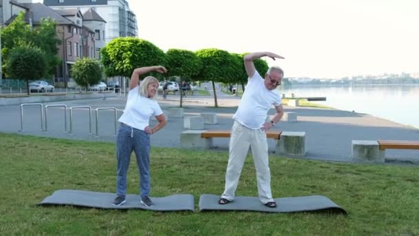 Ett Äldre Gift Par Tränar Utomhus Begreppet Hälsosam Livsstil Glad — Stockvideo