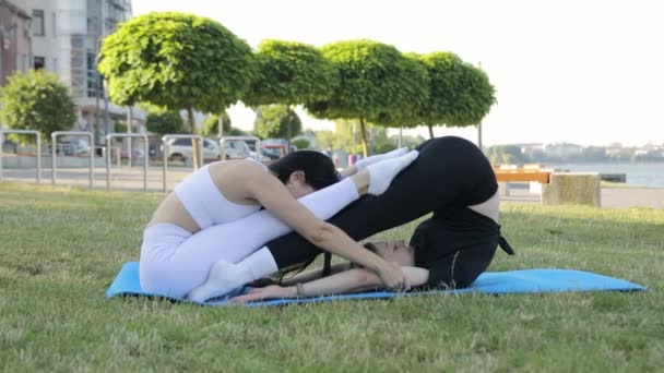Dwie Sportowe Dziewczyny Ćwiczące Rozciąganie Świeżym Powietrzu Joga Relaks Parku — Wideo stockowe
