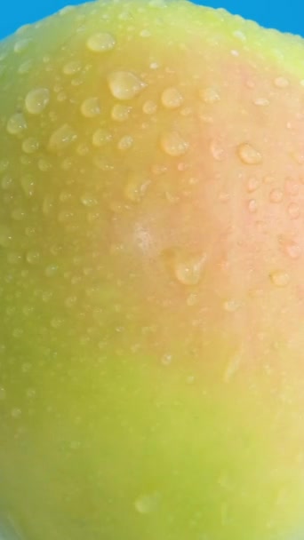 Drop Water Flows Large Green Apple Fresh Apple Blue Background — Stock Video