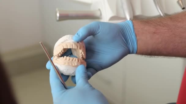 Ein Zahnarzt Spricht Über Die Zahnärztliche Behandlung Während Ein Modell — Stockvideo