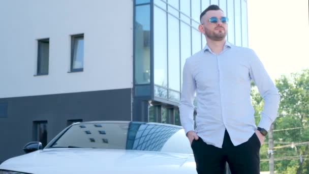 Handsome Young Business Man Standing His White Car Business Center — Video Stock