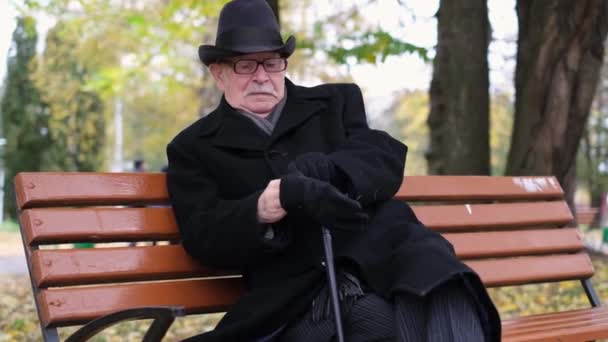 Elderly Man Black Clothes Sits Park Bench Puts Black Gloves — Stok video