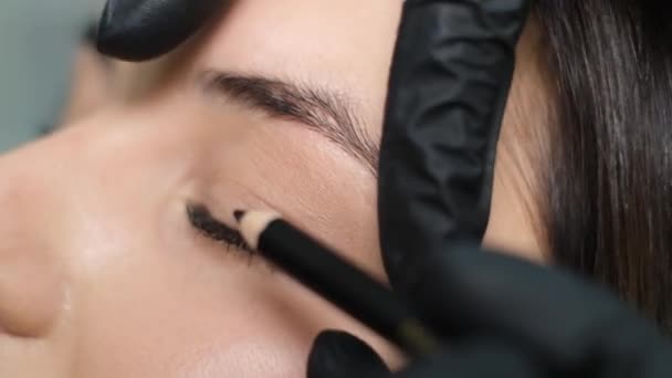 Stylist Applies Black Mascara Eyelashes Womans Eye Cosmetologist Makes Make — Vídeo de stock