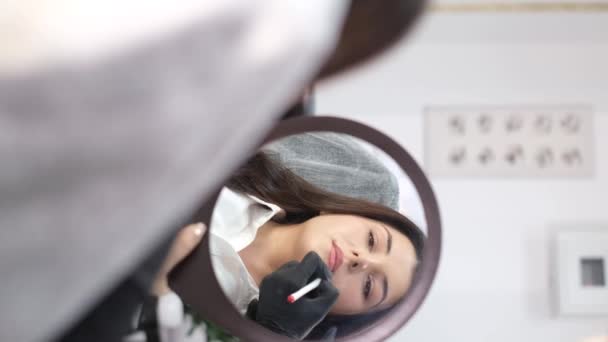 View Mirror Microblading Lip Tattoo Permanent Makeup Girl Beautician — Stockvideo