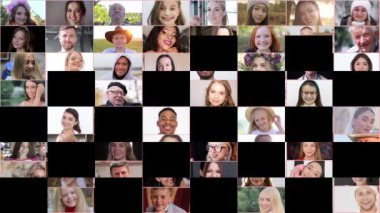 Video collage of 64 people, a collage of different people looking at the camera. Multi-screen editing of various multi-ethnic men and women