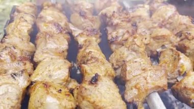Roasting pork meat. Smoked kebabs on an open fire. Close up.