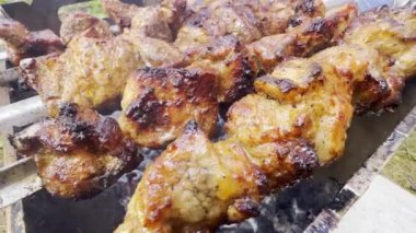 Roasting a juicy pork kebab on the grill. Shish kebab from processed meat with onions, cooked on a grill with real wood. Close up