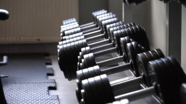 Close-up of lifting dumbbells in the gym. Woman strength training lifting dumbbells. Female fitness indoors in a fitness center.
