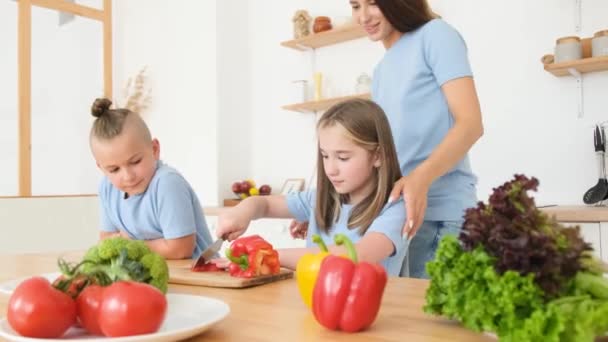 健康的食物在家里 厨房里有个快乐的家庭母亲 女儿和儿子准备蔬菜和水果 — 图库视频影像