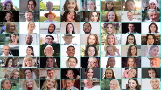 Collage Many Different People Looking Camera Lens Smiling Video — Wideo stockowe