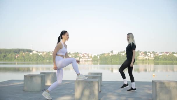Blonde Brunette Aerobics Outdoors Leg Training Fitness Exercises — Stok video