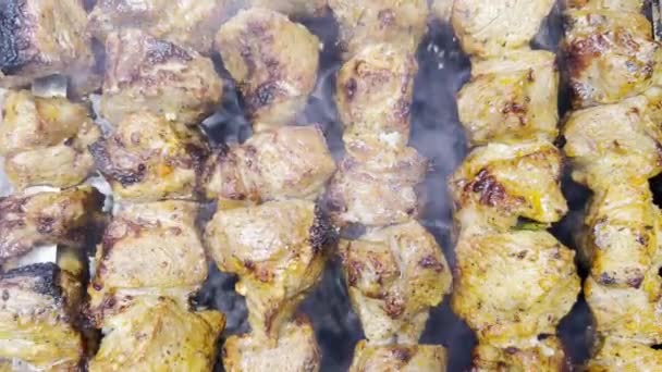 Cooking Juicy Pork Kebab Grill Shish Kebab Processed Meat Cooked — стоковое видео