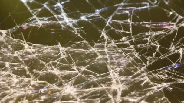 Close Cracked Glass Illuminated White Light Macro Video — стоковое видео