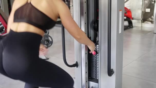Beautiful Brunette Woman Training Gym Sports Lifestyle Back Arm Muscle — Stockvideo