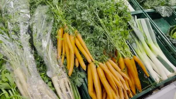 Young Woman Buys Vegetables Market She Examines Carrots Concept Vegetarianism — Stok video