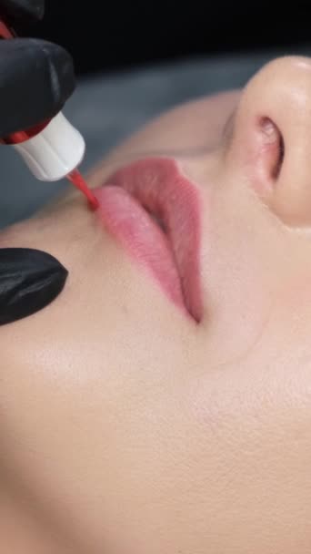 Una Hermosa Joven Morena Durante Procedimiento Maquillaje Labial Permanente Salón — Vídeos de Stock