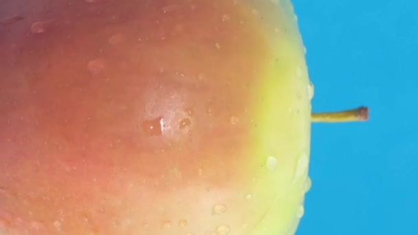 Köstliche Saftige Äpfel Mit Wassertropfen Die Sich Auf Blauem Hintergrund — Stockvideo