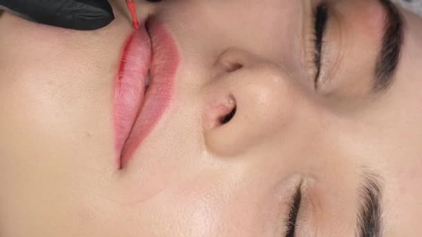 Una Hermosa Joven Morena Durante Procedimiento Maquillaje Labial Permanente Salón — Vídeos de Stock