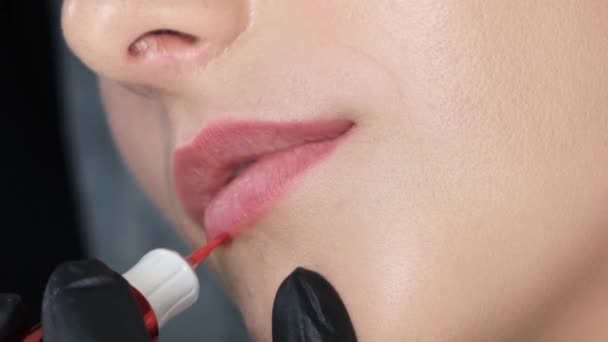 Una Hermosa Joven Morena Durante Procedimiento Maquillaje Labial Permanente Salón — Vídeo de stock