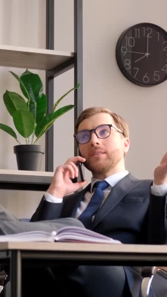 Happy Businessman Talking Phone Leaning Back While Sitting Table His — Stock videók
