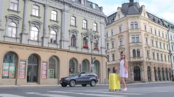 가방과 풍경의 배경에 드레스에 아름다운 여자가 도시를 봅니다 — 비디오