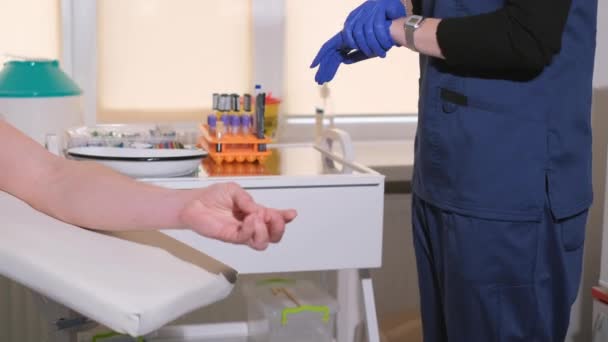 Preparation Taking Blood Analysis Nurse Puts Gloves Prepares Sterile Instruments — Stockvideo