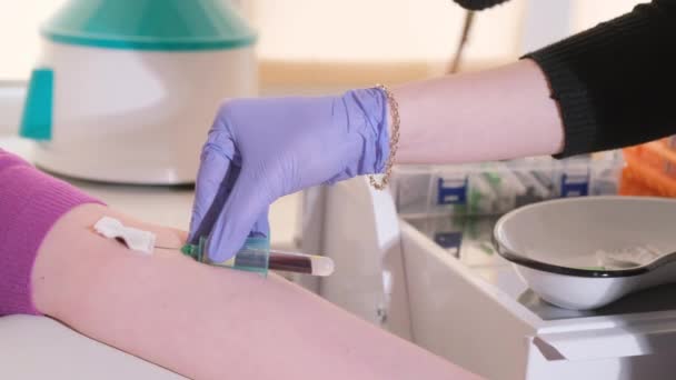 Procedure Taking Blood Patient Nurse Draws Blood Vein Using Sterile — Vídeo de Stock