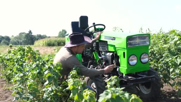 Joven Granjero Está Reparando Mini Tractor Medio Campo Trabajador Rural — Vídeos de Stock