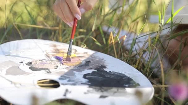 Uma Artista Mulher Pinta Quadro Durante Pôr Sol Artista Arte — Vídeo de Stock