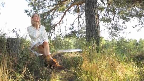 Uma Mulher Pinta Uma Tela Floresta Artista Feliz Livre Luz — Vídeo de Stock