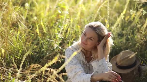 Young Woman Rests Yellow Tall Grass Outdoor Recreation Slow Motion — Stock Video