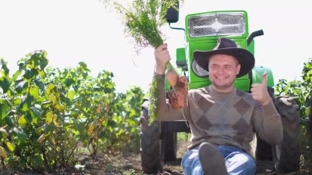 Agricultor Caucasiano Chapéu Segurando Colheita Cenoura Legumes Ecologicamente Limpos São — Vídeo de Stock