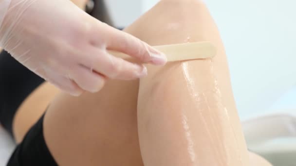 Determined Employee Salon Performs Depilation Procedure Covers Legs Special Wax — Stock Video