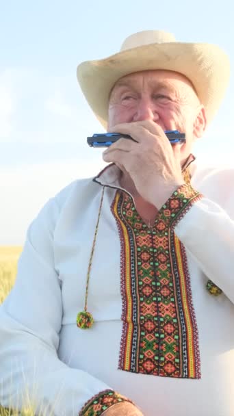 Vieil Homme Solitaire Talentueux Vêtements Nationaux Ukrainiens Joue Orgue Harmonica — Video