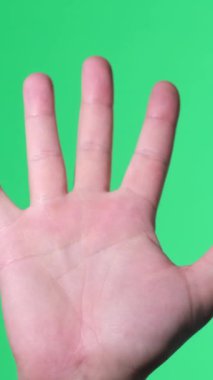 Erkek el sallaması. Genç bir adamın jestleri. Yeşil arka planda insan eli. Dikey video