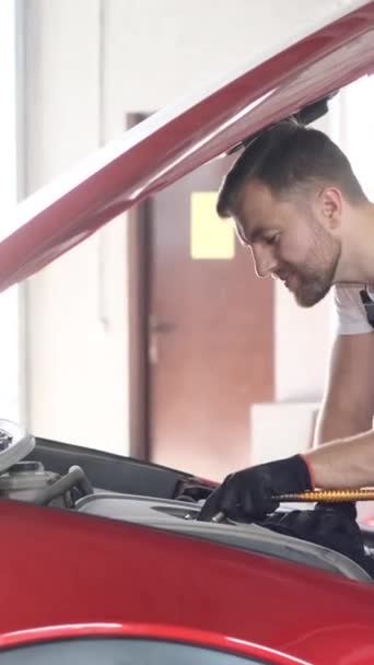 Een Professionele Automonteur Onderzoekt Een Auto Bij Een Autodienst Voert — Stockvideo
