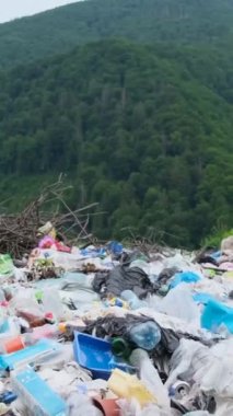 Ukrayna, Karpatlar 'daki yeşil bir ormanın ortasında plastik atık deposu. Plastiğin imhası ile çevresel felaket kavramı. Dikey video