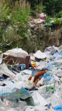 Citarum Nehri 'nde plastik çöp, Java Adası, Endonezya. Çevre kirliliği ve çevresel felaket kavramı. Plastik atık sorunu. Dikey video