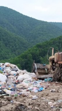 Terk edilmiş eski bir çöp yığını, çöp sahasında bir traktör. Bir sürü plastik çöp, sağlıksız, yeşil ormanın arka planında zehirli atık. Dikey video