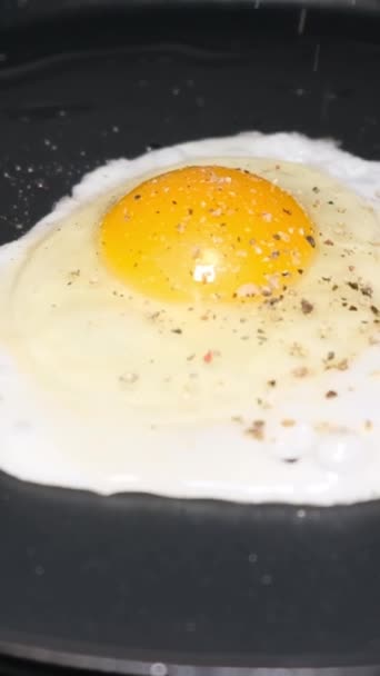 鶏卵を鍋で調理する スパイスは揚げ卵に落ちる おいしい朝食 ランチ バーティカルビデオ — ストック動画