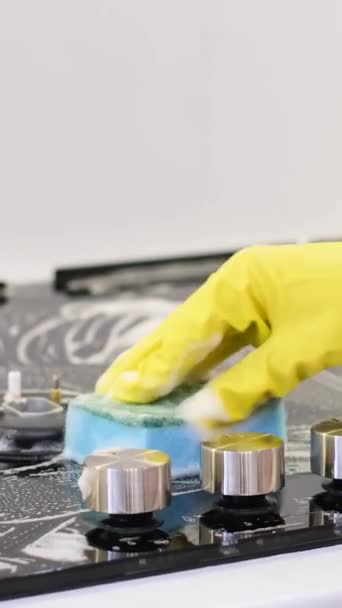 Mycie Nowoczesnego Kuchennego Pieca Myjką Pianką Kobieta Rękawiczkach Myje Metalową — Wideo stockowe