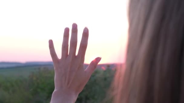 Молодая Женщина Держит Руку Прекрасном Закате Поле Вертикальное Видео — стоковое видео