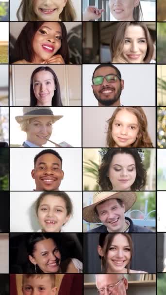 一组积极的人的脸看着相机 不同年龄的多民族人的大学生活 幸福的人的概念垂直录像 — 图库视频影像