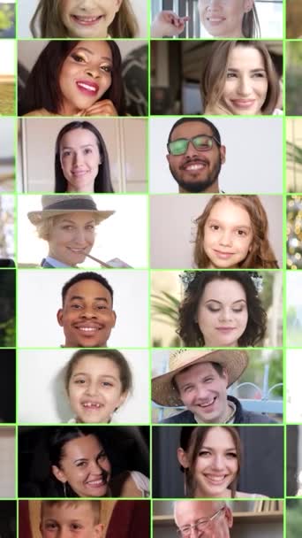 不同年龄的多民族人看照片 马赛克 水平横幅 来自不同群体的许多积极的人 面带微笑的肖像 垂直录像 — 图库视频影像