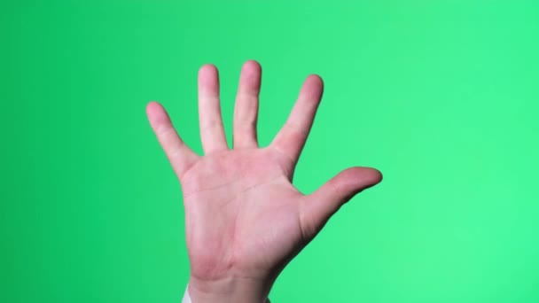 Männliche Hand Auf Kamera Geballt Grüner Chromatischer Schlüsselhintergrund Zeichensprache Vertikales — Stockvideo